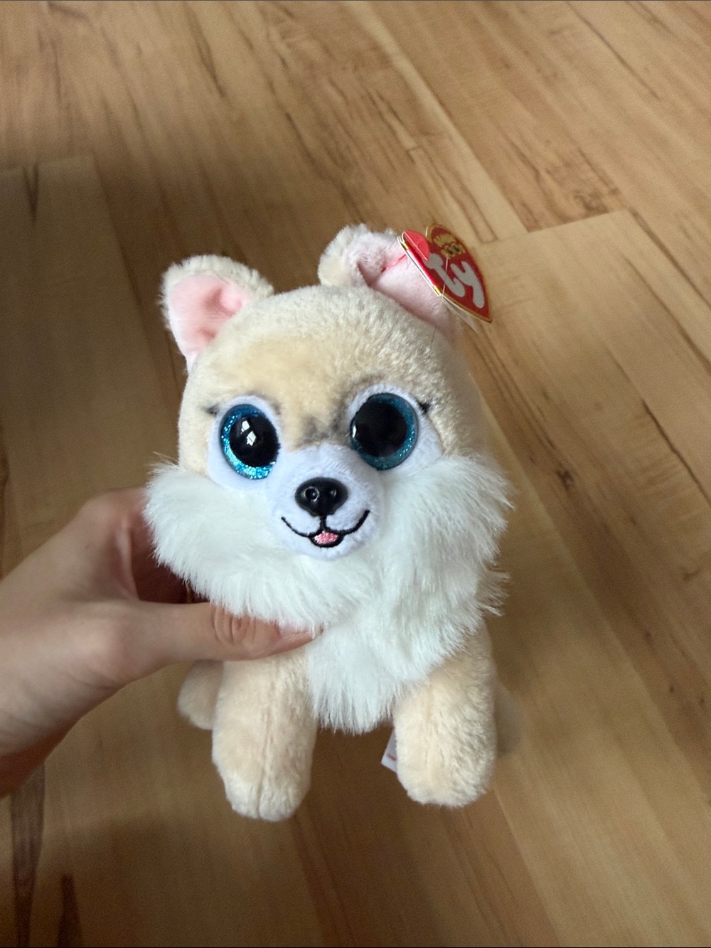 Ty Plush Pomeranian Dog Stuffed Animal - Cream, White, Pink, Blue Eyes